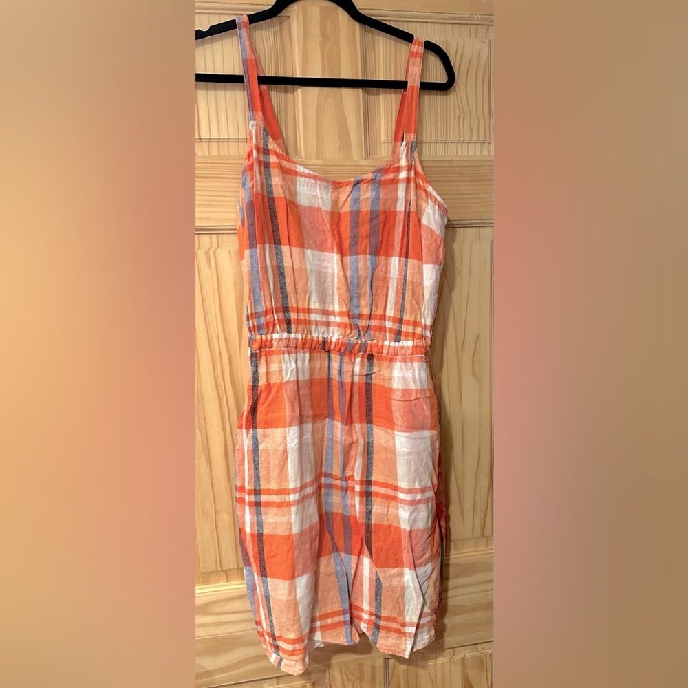 Large Old Navy Orange, Navy Blue and Cream Plaid Tank Top Dress with Pockets